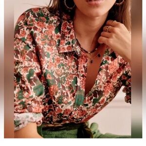 Sezane Pierro Shirt mini Flowers Peach and Green Size 2/ 34